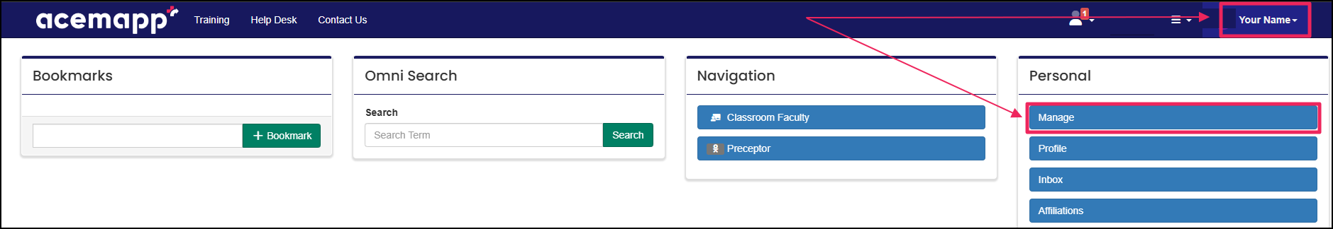 Account highlighting name dropdown and manage button