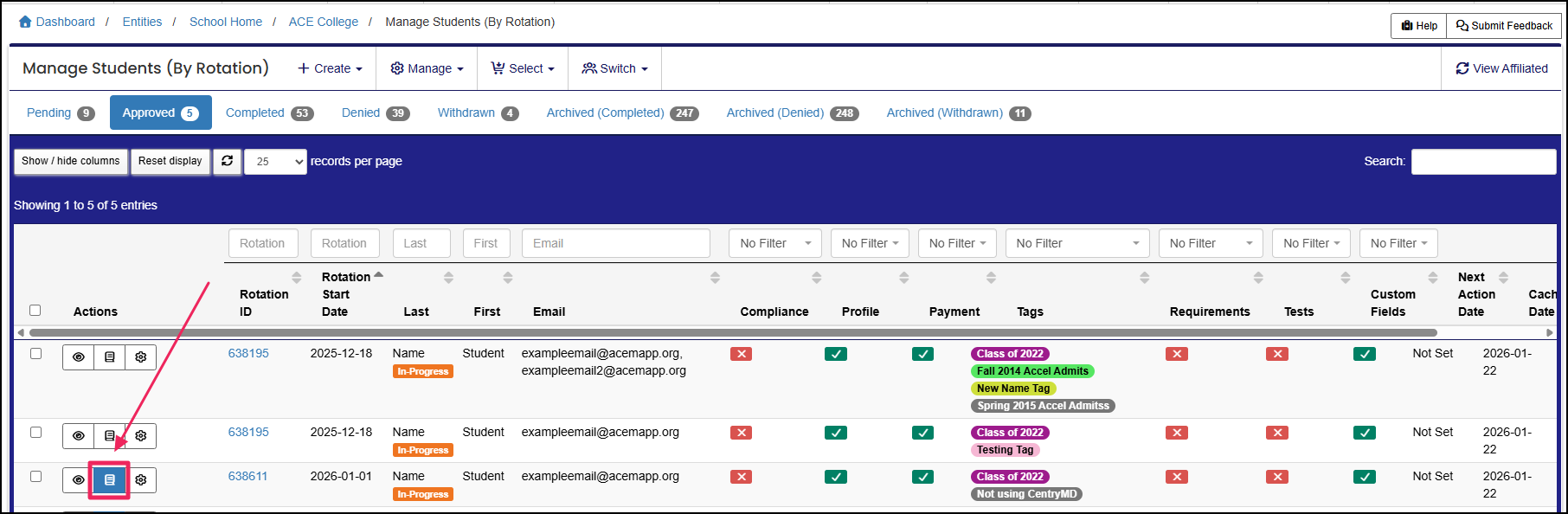 Manage Students page with an arrow pointed to the Requirements button.