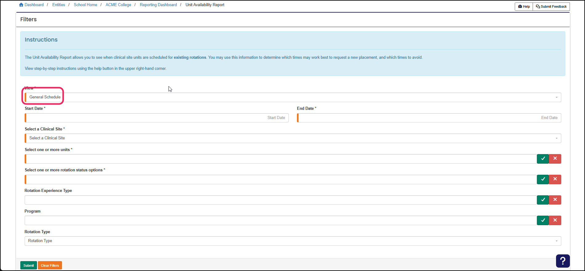 Report highlighting required field View type.