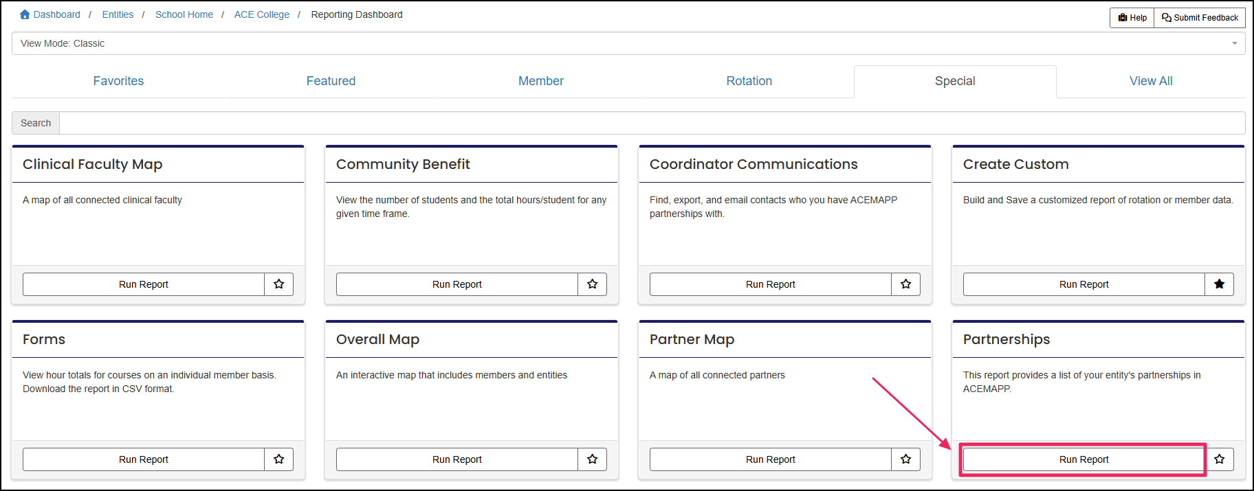 Reporting dashboard highlighting the run report button on the partnerships report.