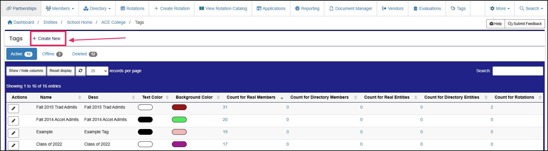 Entity tags table highlighting the create new button.