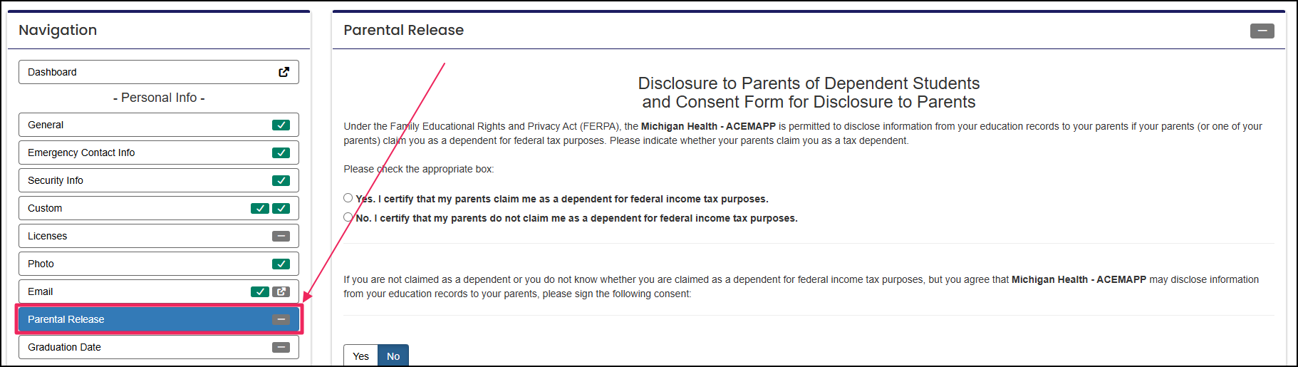 Profile form highlighting Parental Release button