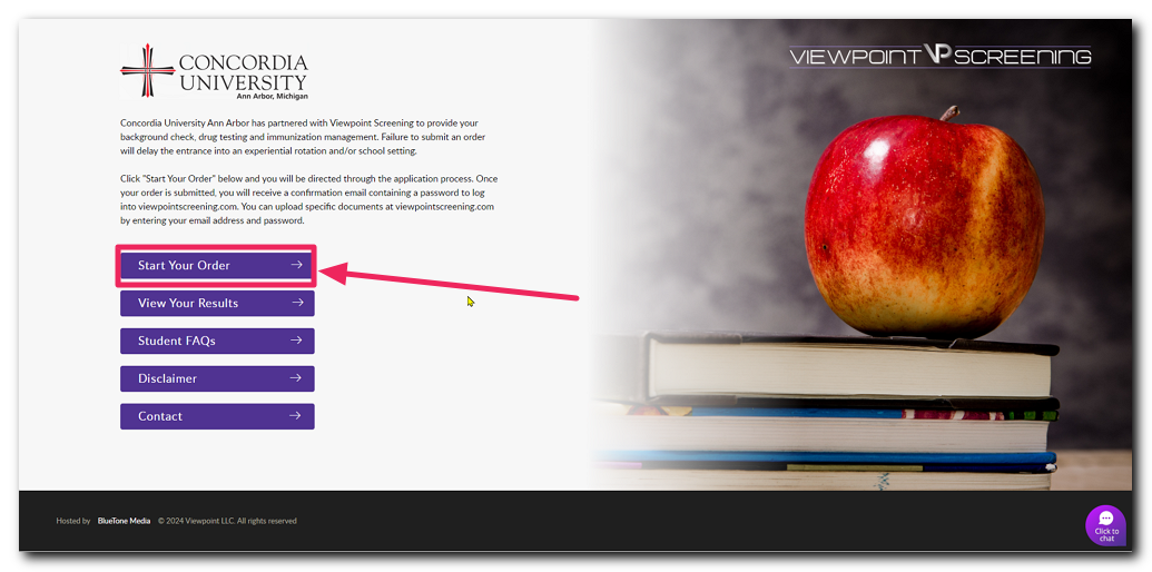 Viewpoint Screening school page highlighting Start Your Order button