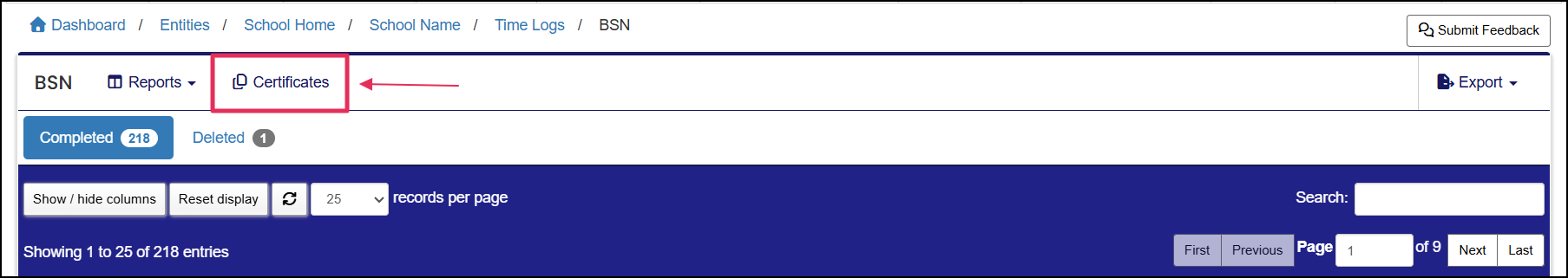 Member time logs page showing "Certificates" tab.