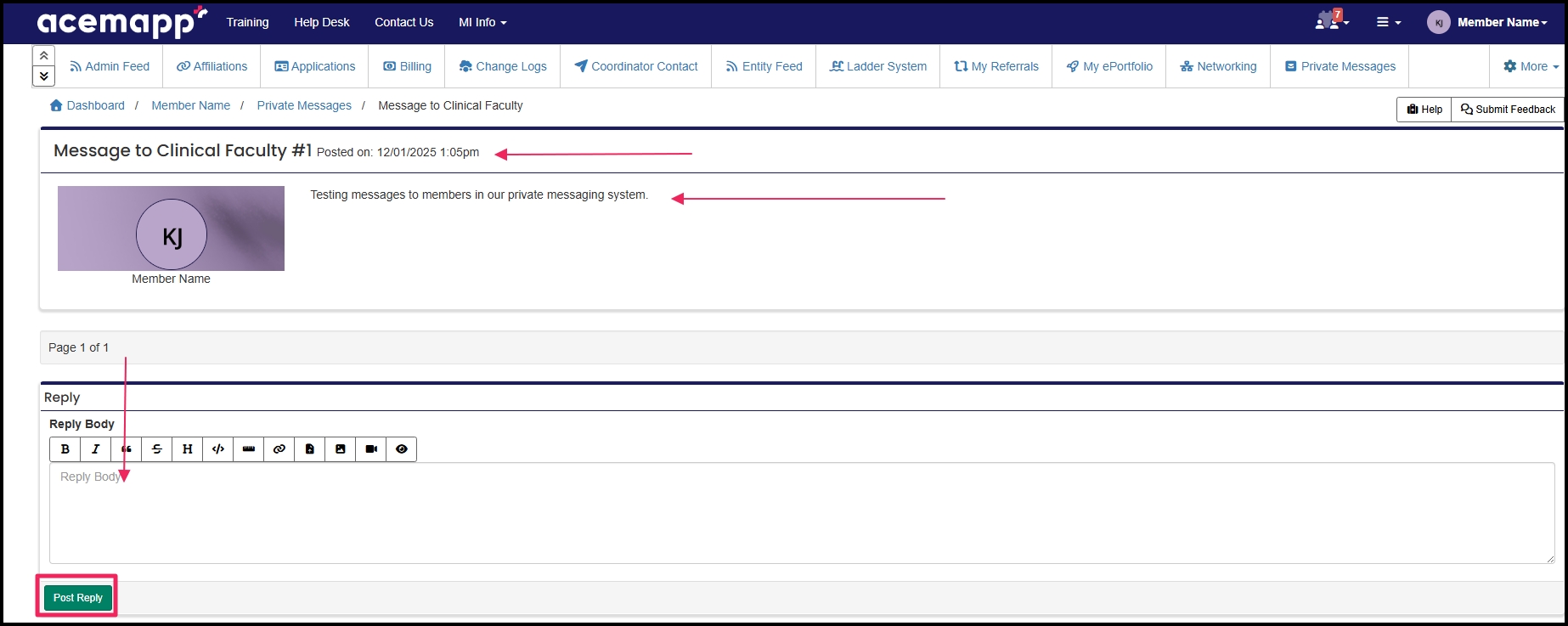 private message with details of subject, body, and reply section