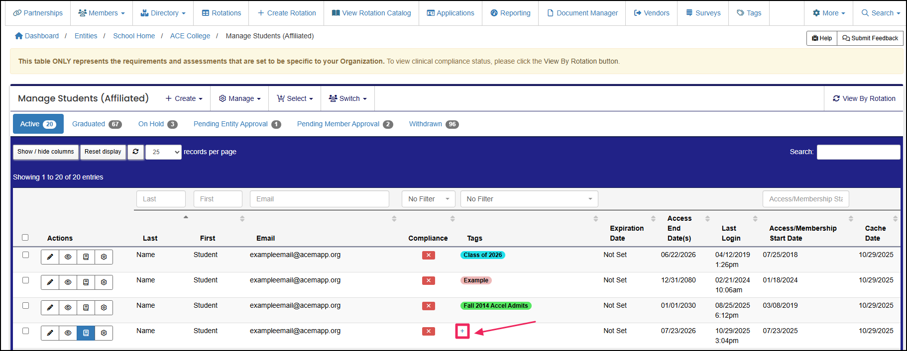 Manage students affiliated table highlighting the button to tag a member.