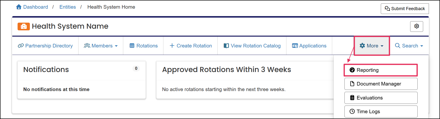 User home screen highlighting Reporting button.