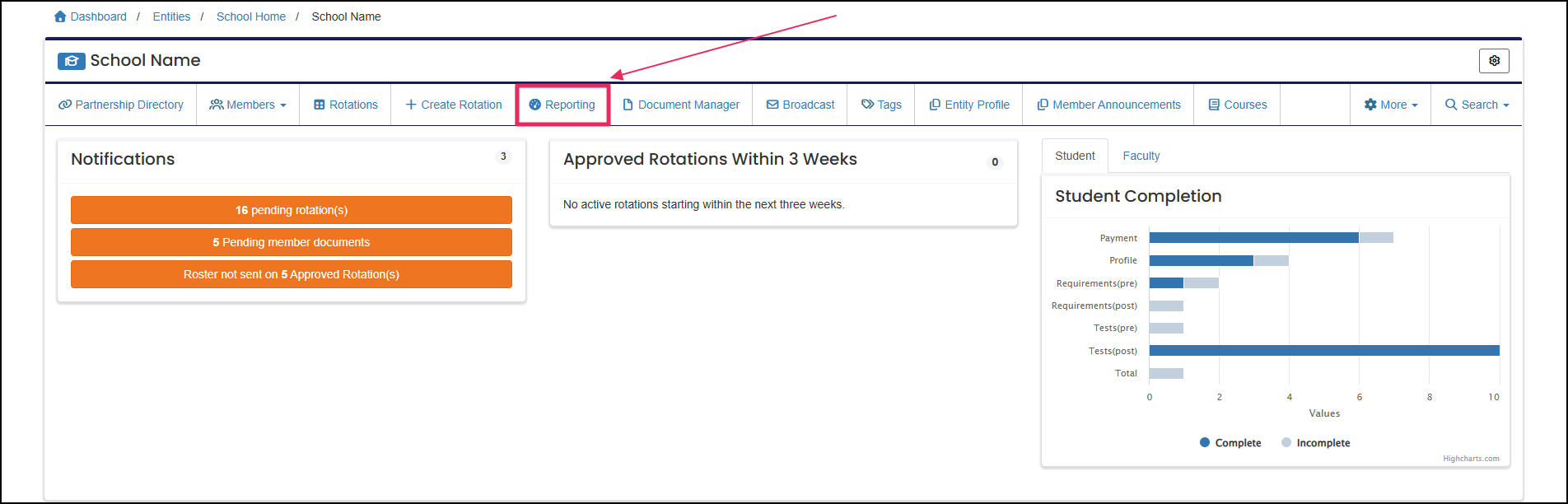 User home page highlighting Reporting button