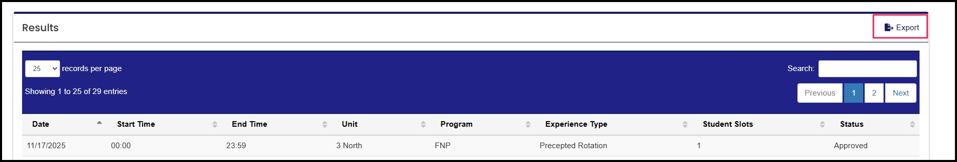 Outlining Export button to download CSV