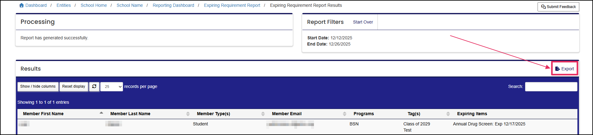 Report results pointing to Export button.