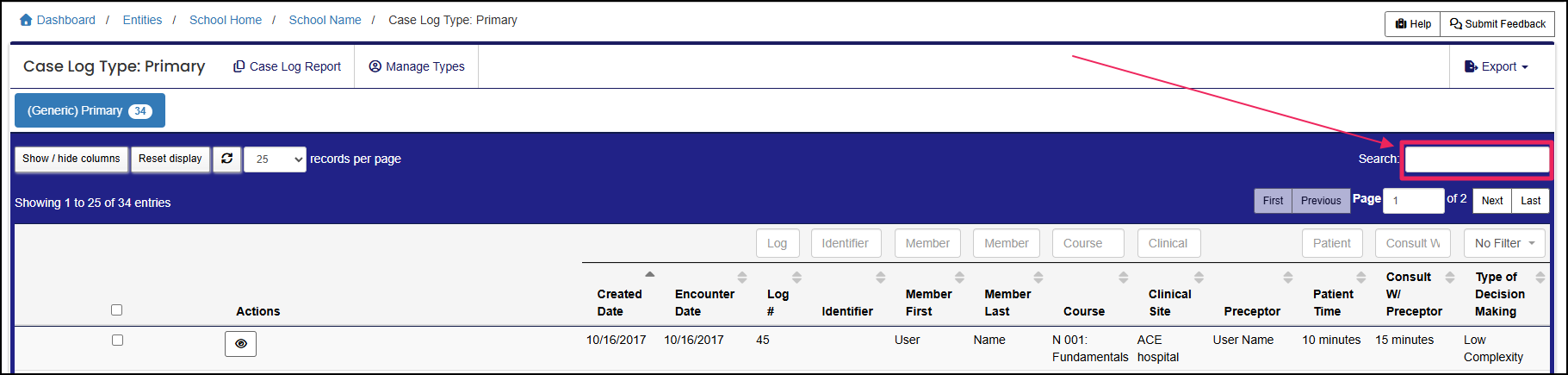 Case Log table highlighting Search field