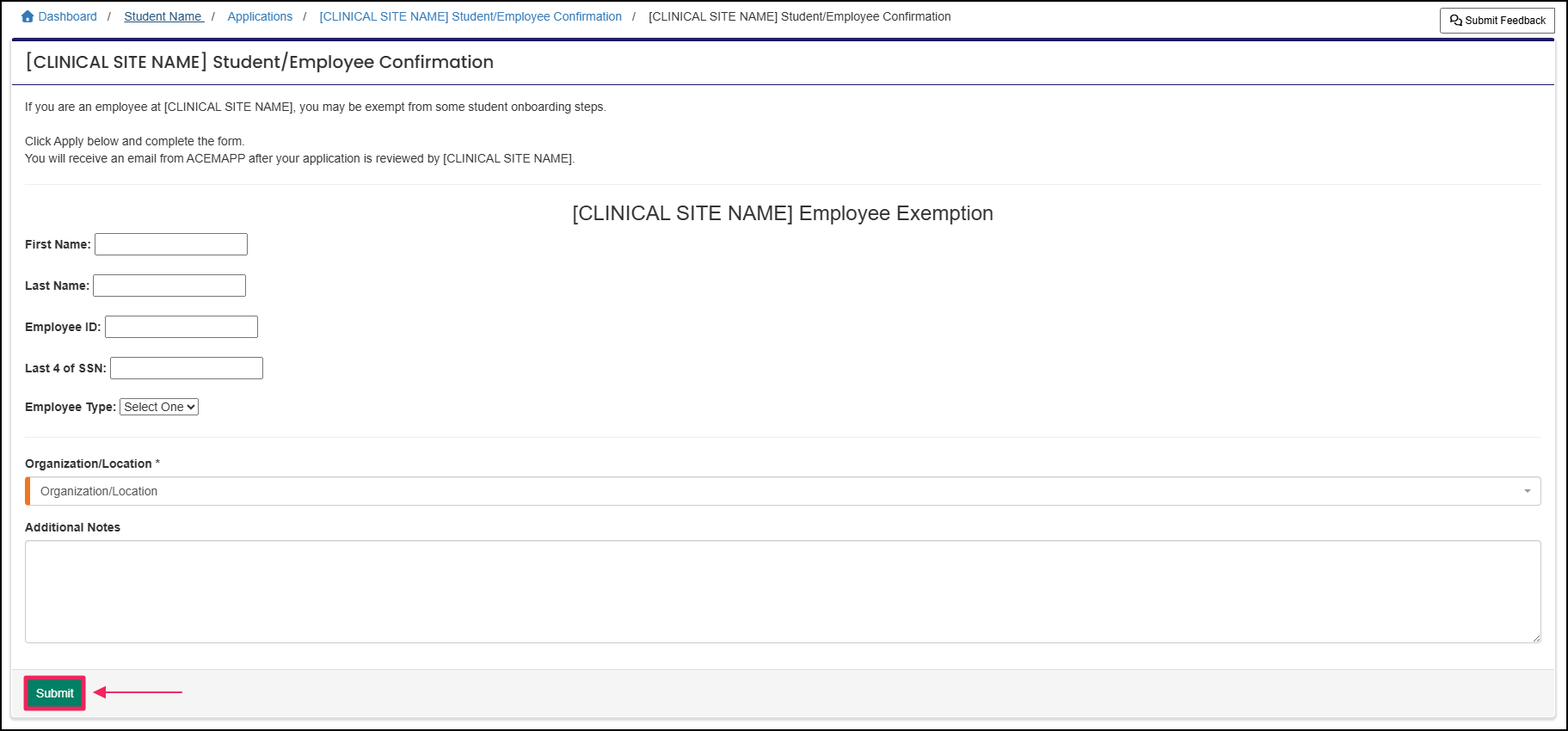Application form highlighting the Submit button