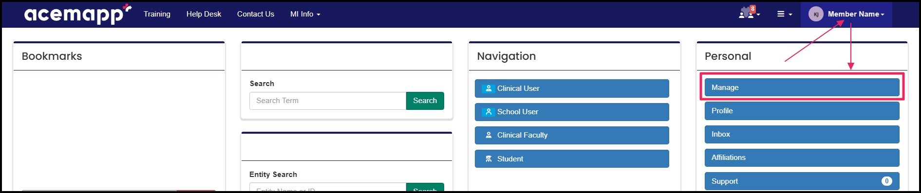 Pointing to name in top right corner that drops down to menu and pointing to select manage