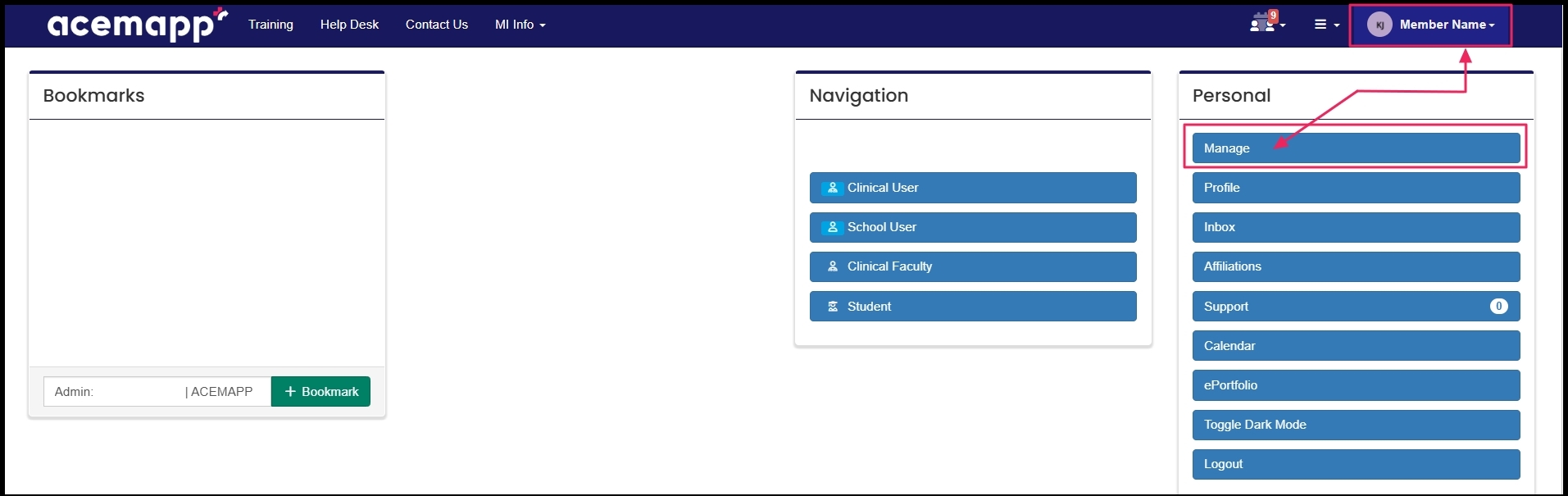 Avatar Name dropdown to show manage under personal