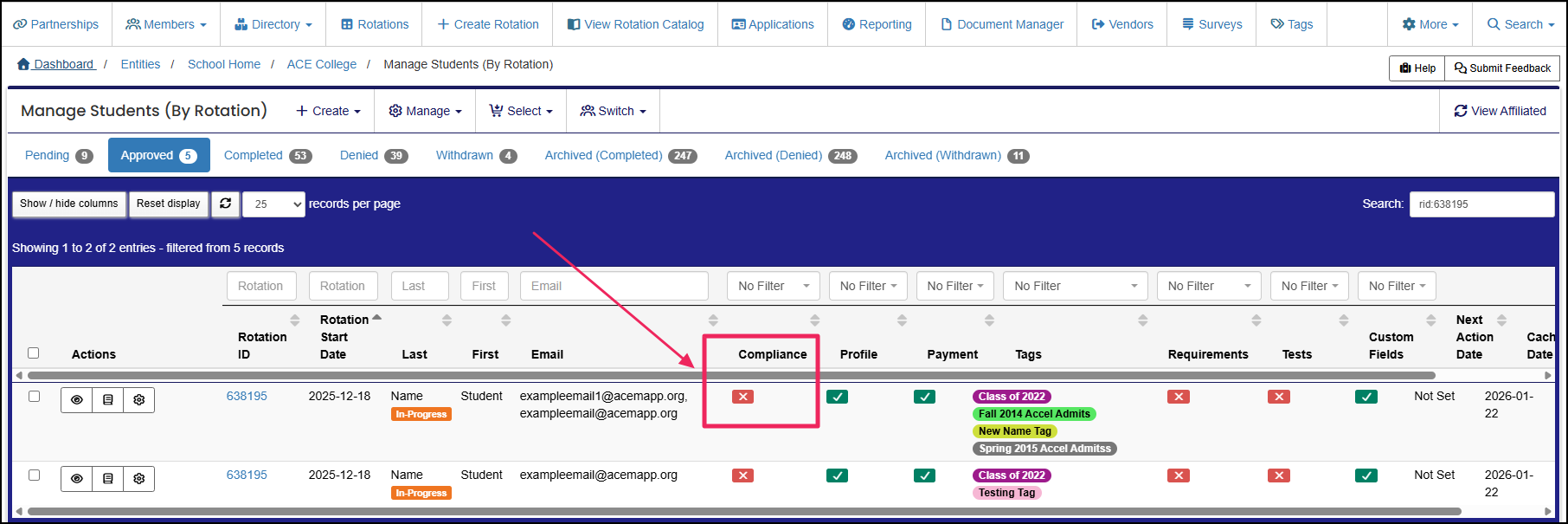 Manage students by rotation table highlighting the compliance column.