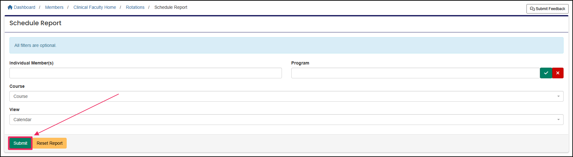 Schedule Report form highlighting Submit button