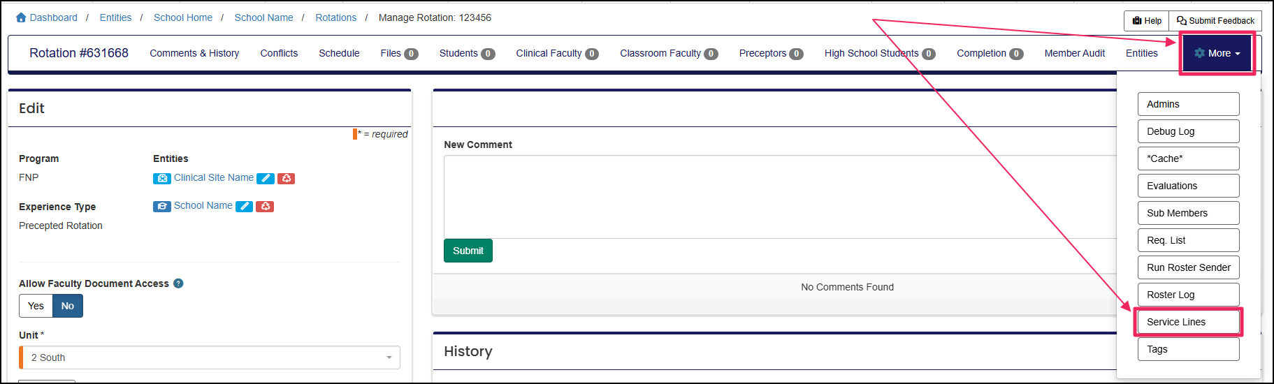 Rotation edit highlighting Service Lines button