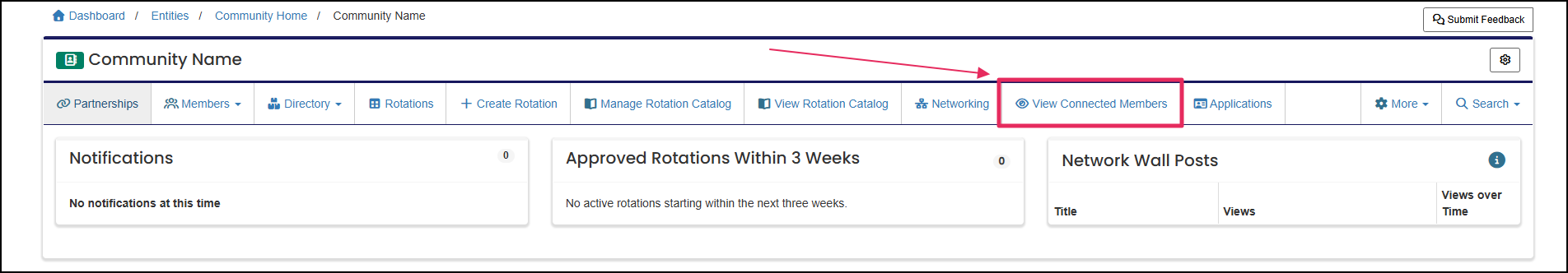 Community home screen highlighting View Connected Professionals button.