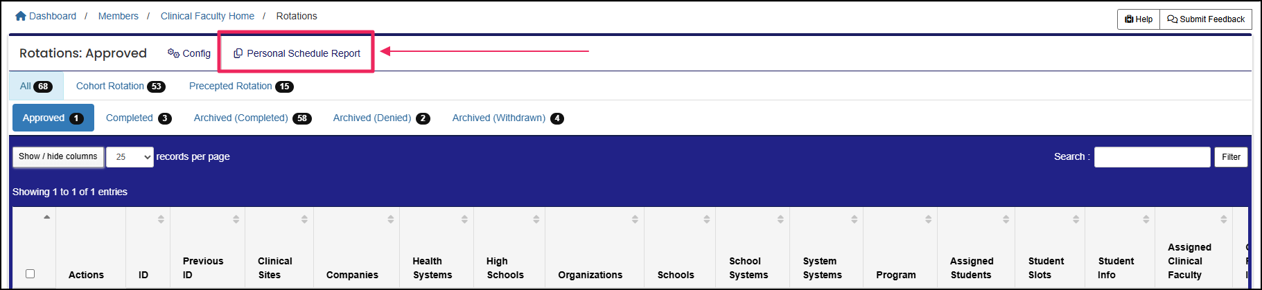 Rotation table highlighting Personal Schedule Report button