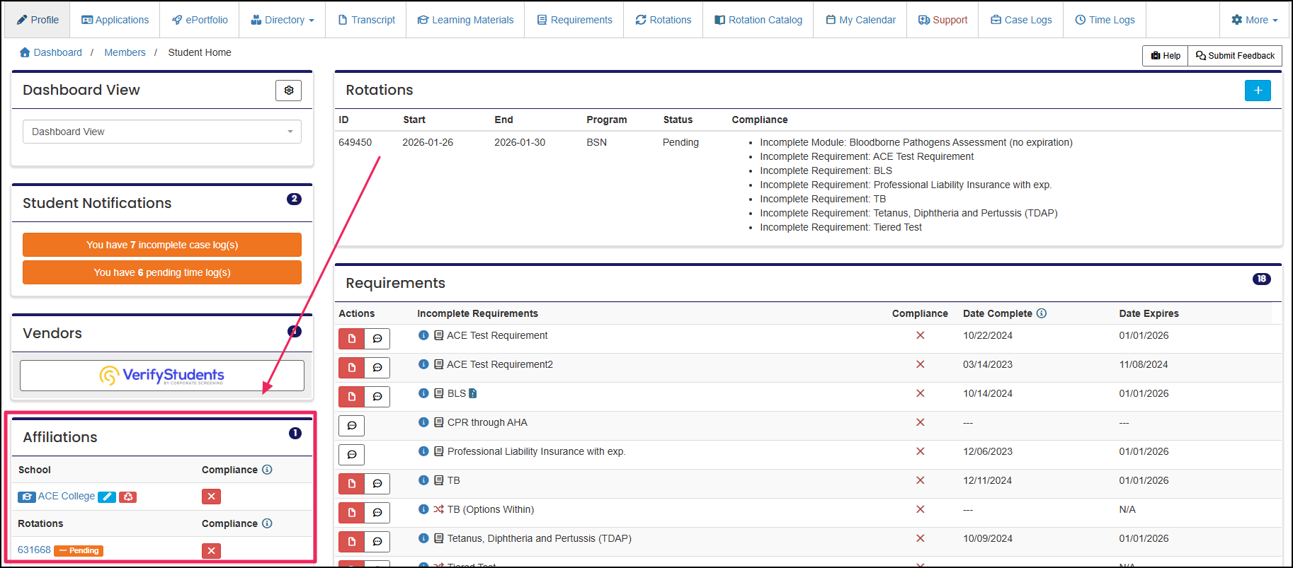 Member home page highlighting the affiliations panel.