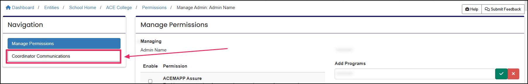 Manage permissions page highlighting the coordinator communications button.