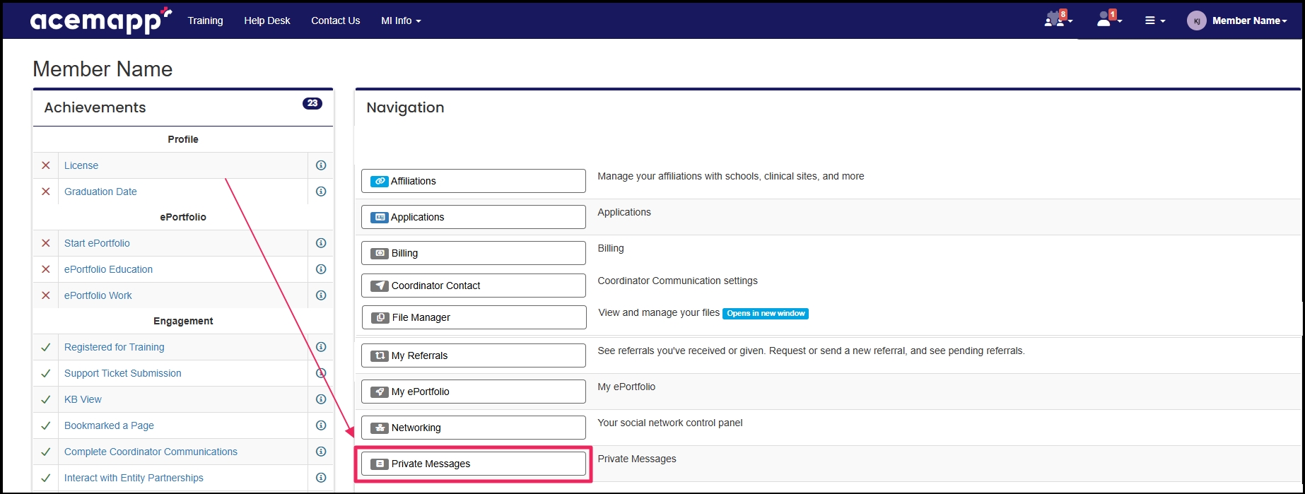 Pointing to private messages under navigation area in manage section