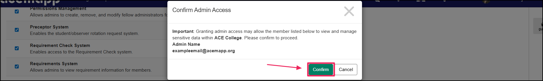 Confirmation pop-up highlighting the confirm button.