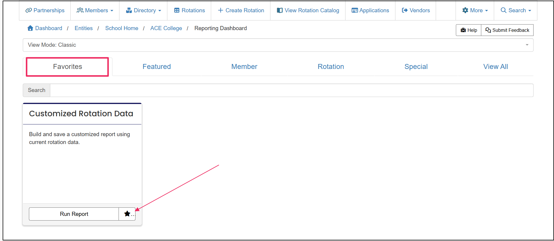 Reporting Dashboard Favorites tab highlighting Make Favorite button on report tile.