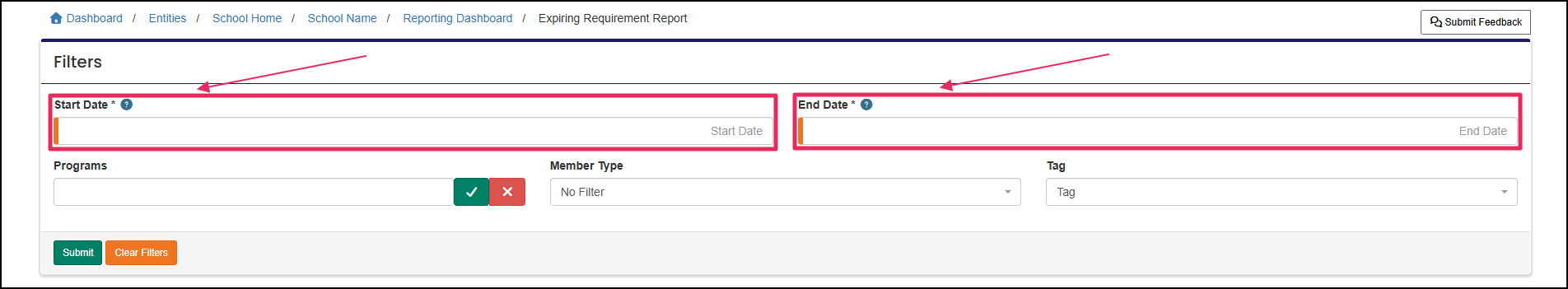 Report filters pointing to required start and end date inputs.