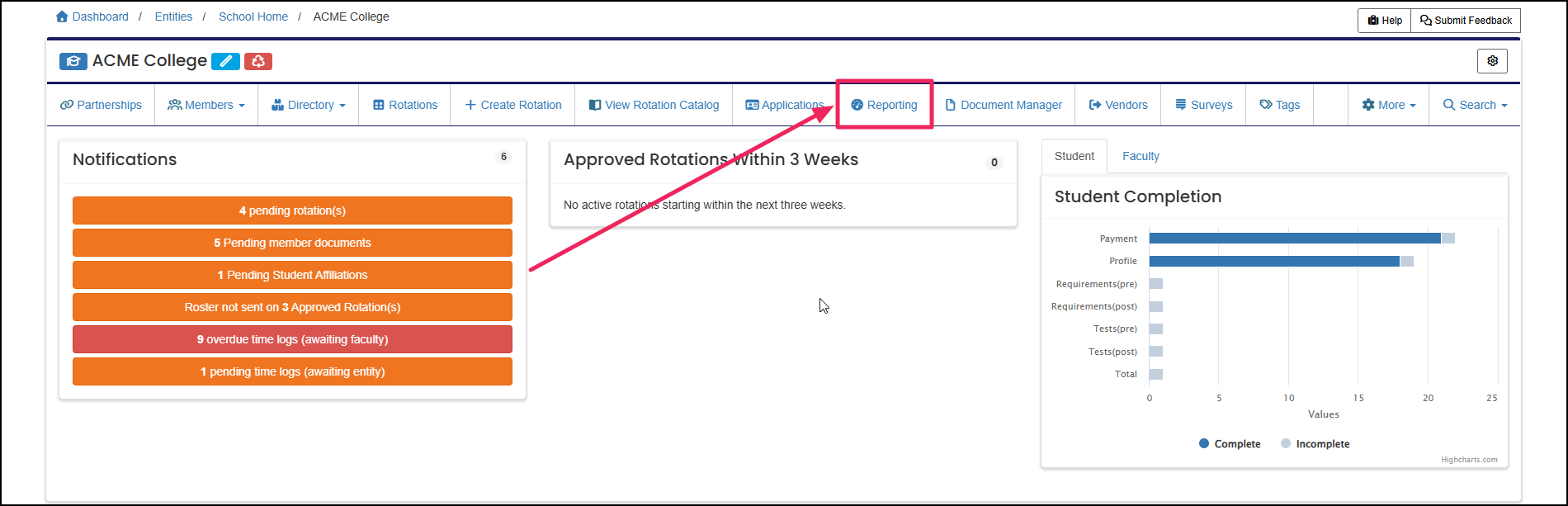 Entity navbar highlighting Reporting button.