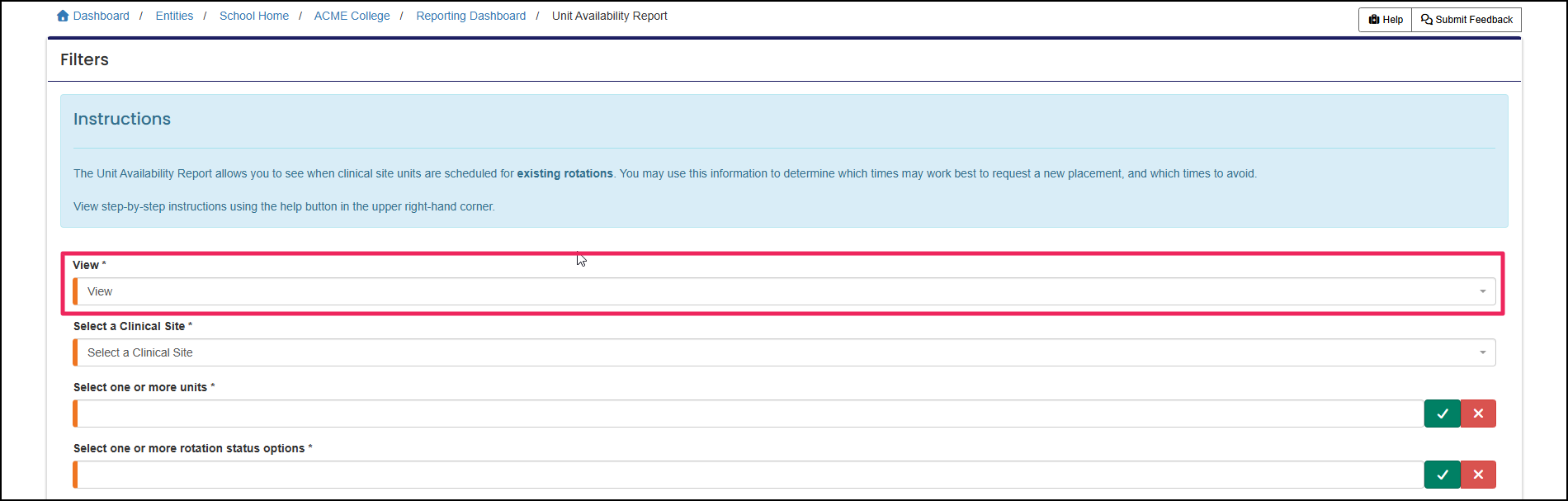 Unit Availability report option panel highlighting View selection.
