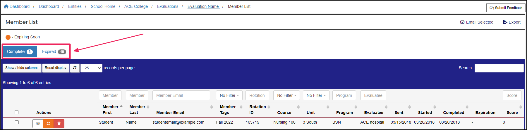 Evaluations Member List report highlighting sort tabs.