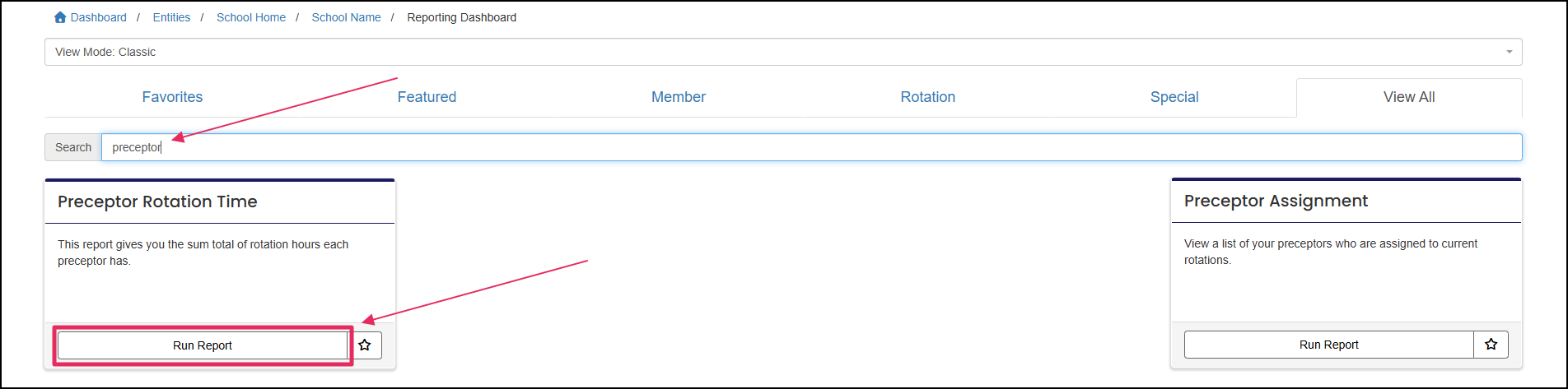 Reporting dashboard highlighting Run Report button on the Preceptor Time report tile.