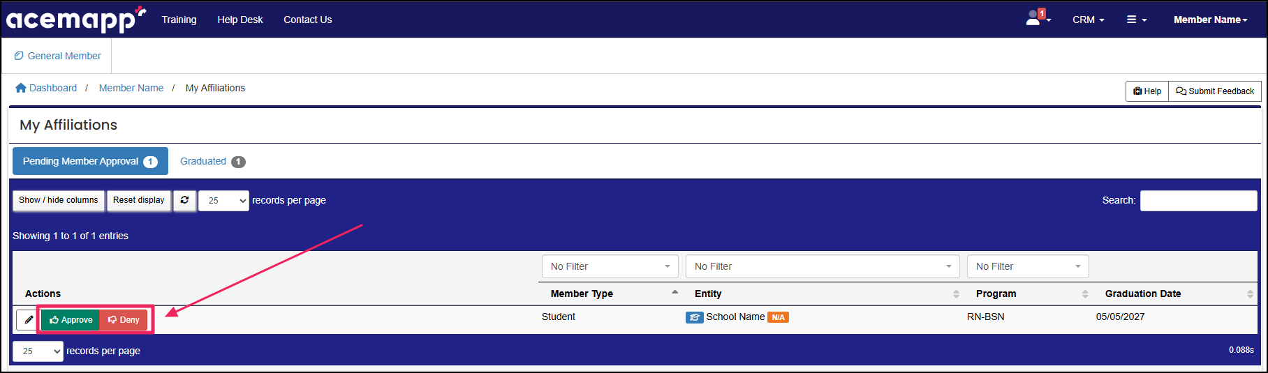 Affiliations table highlighting the approve and deny buttons on a pending affiliation request.