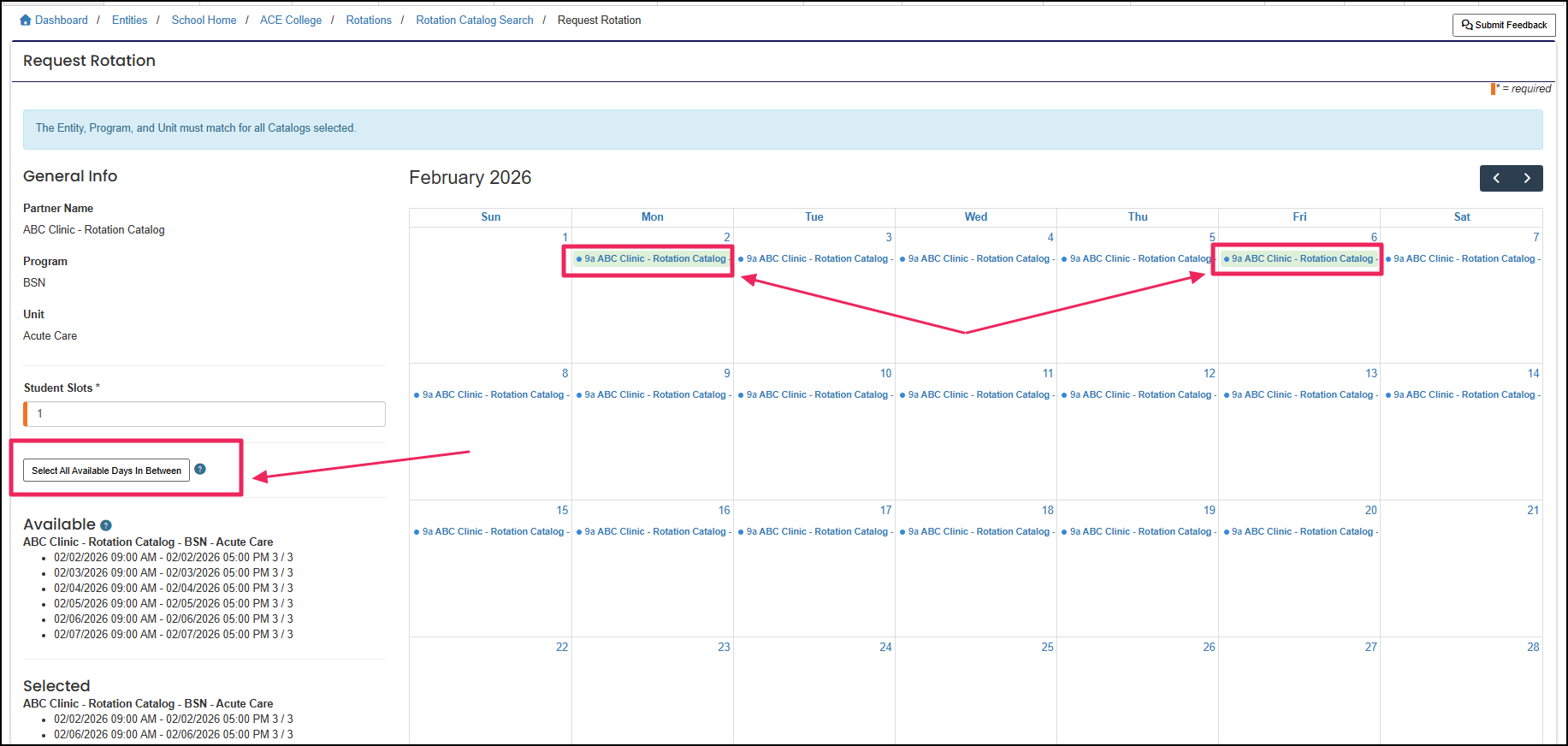 Request rotation table highlighting a start date and end date and the select all available days in between button.