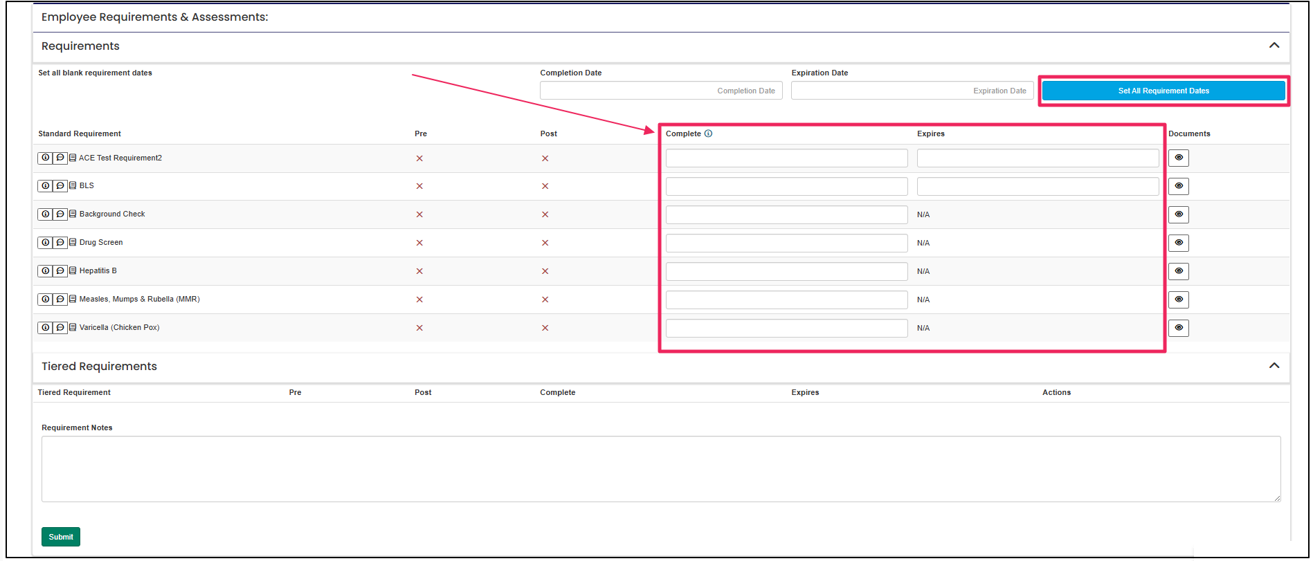 Employee requirement and assessment page highlighting Complete and Expire fields and Set All Requirement Dates button