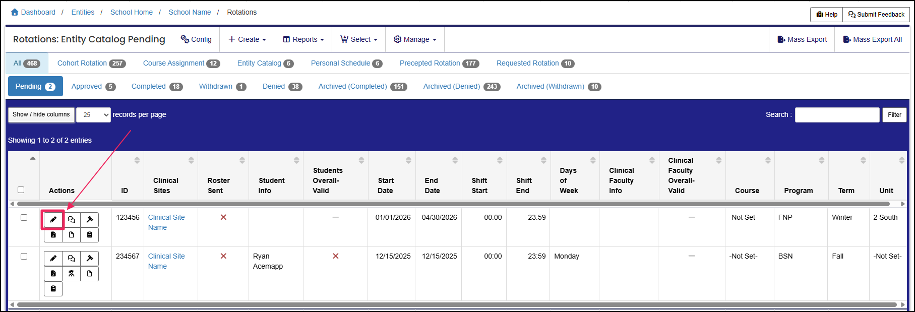 Rotations table highlighting edit pencil button