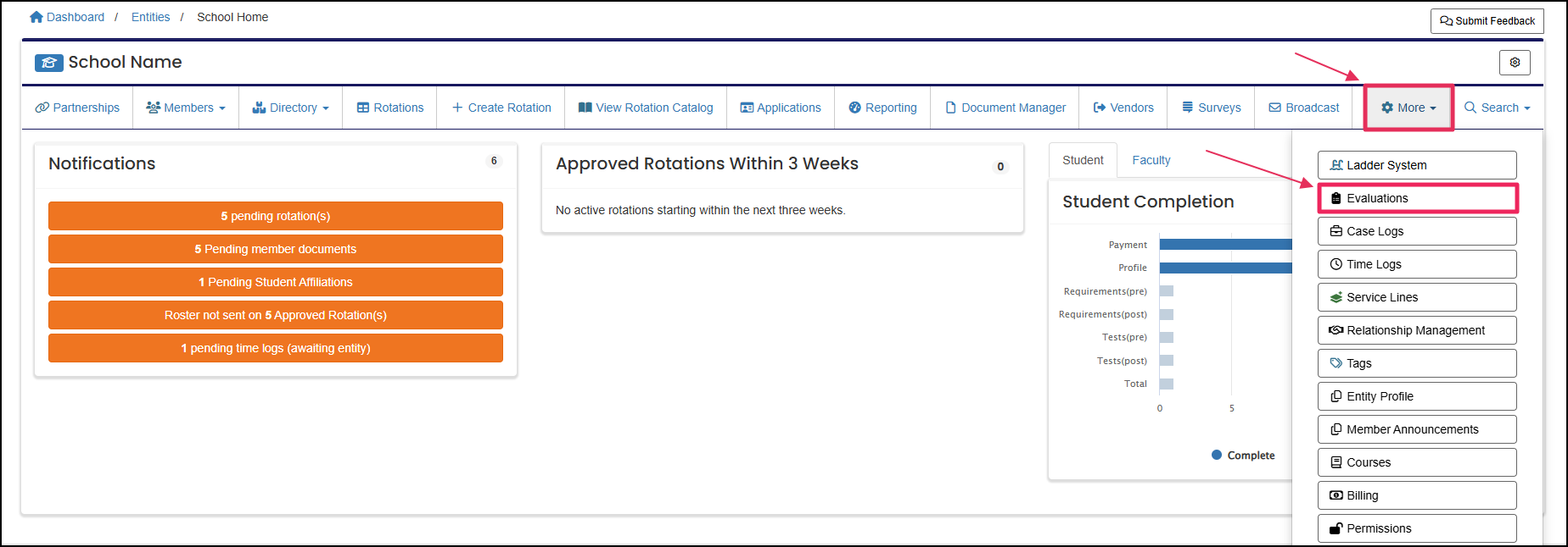 User home page highlighting Evaluations button.
