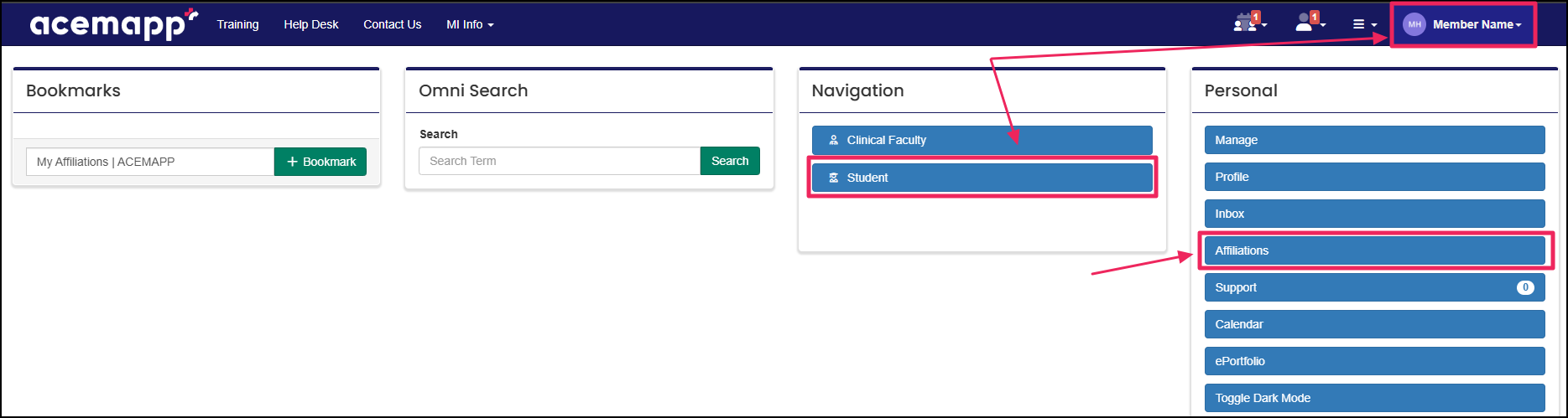 Member name dropdown highlighting the member types under navigation and the affiliations button.