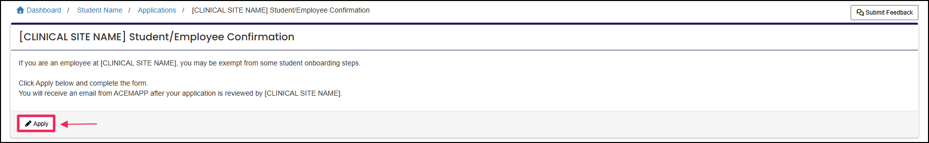 Clinical Site/Employee application panel highlighting the Apply button.