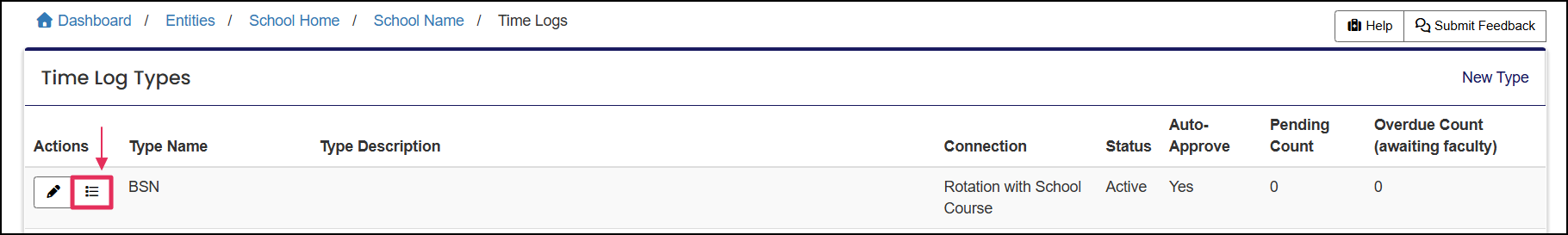 Member time logs page highlighting the "List" icon.