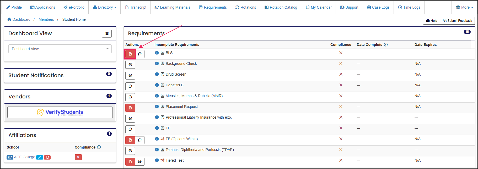 memeber home page highlighting manage requirement icon in the requirement table