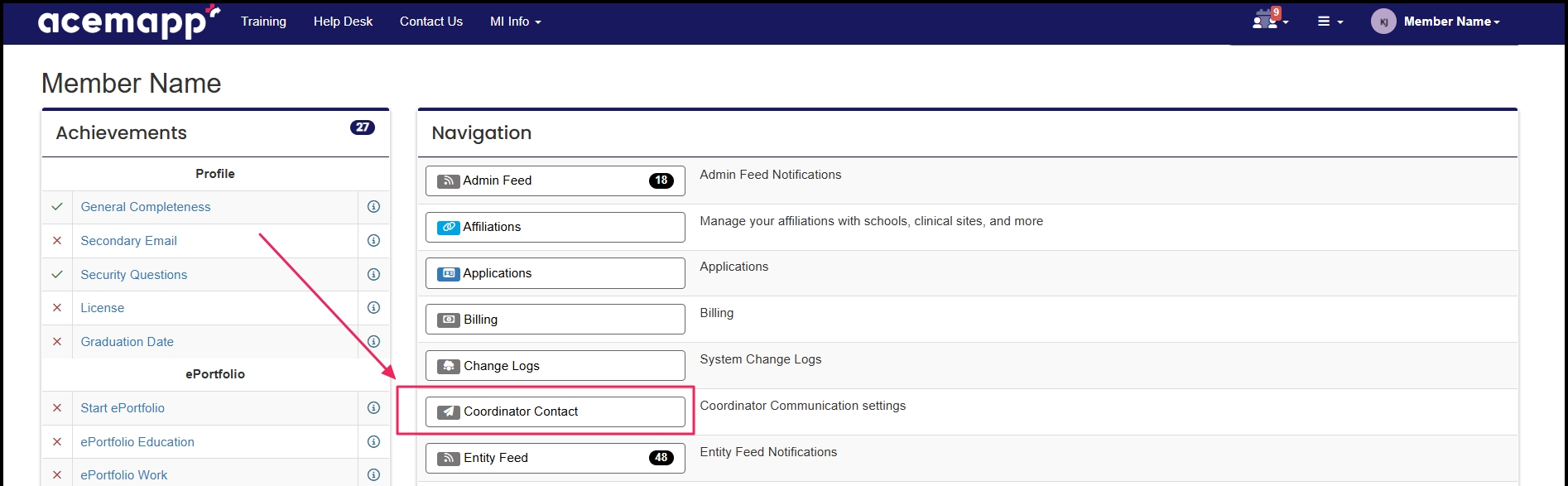 Manage page pointing to coordinator contact button under navigation