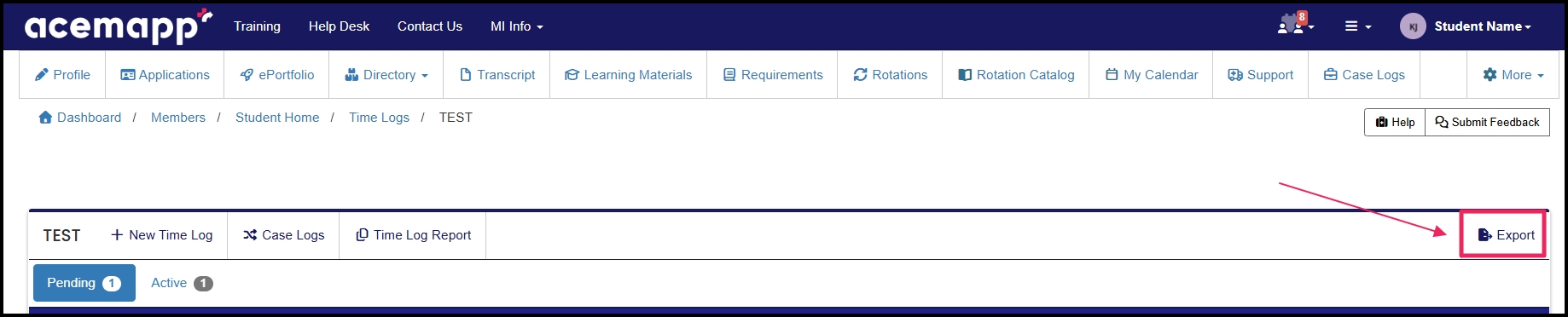 Time log page pointing 2 export button