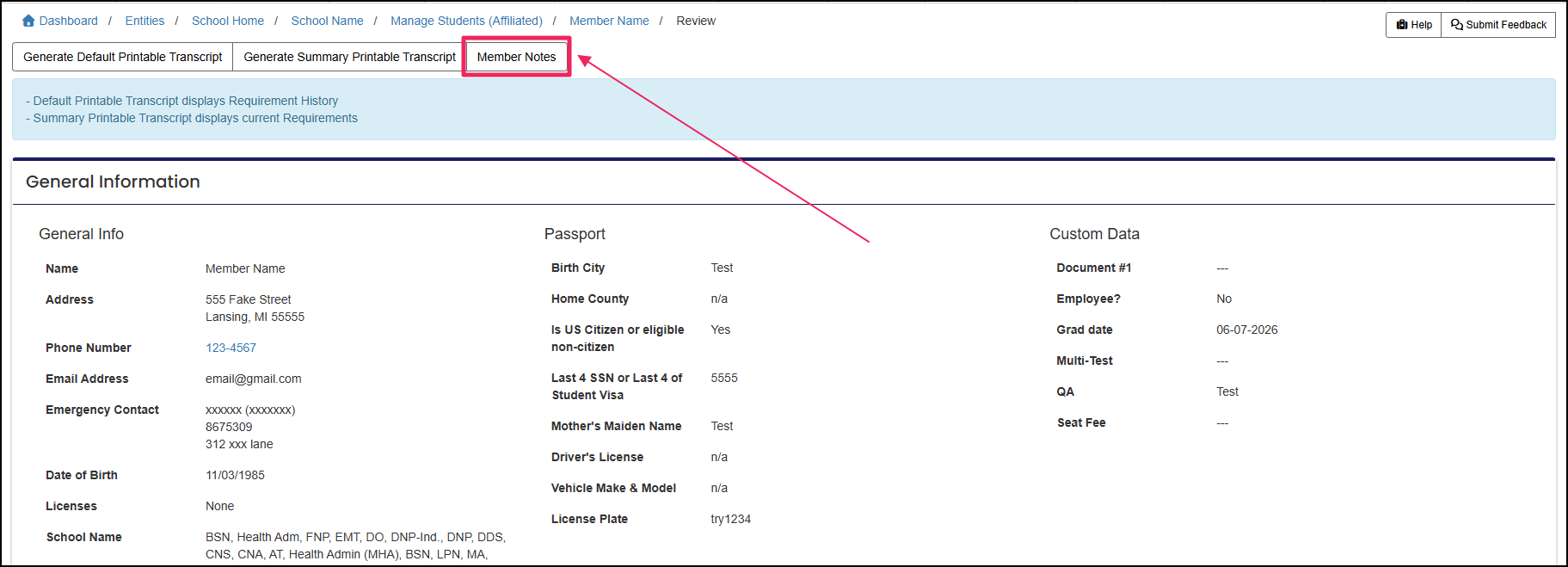 View member highlighting member notes button