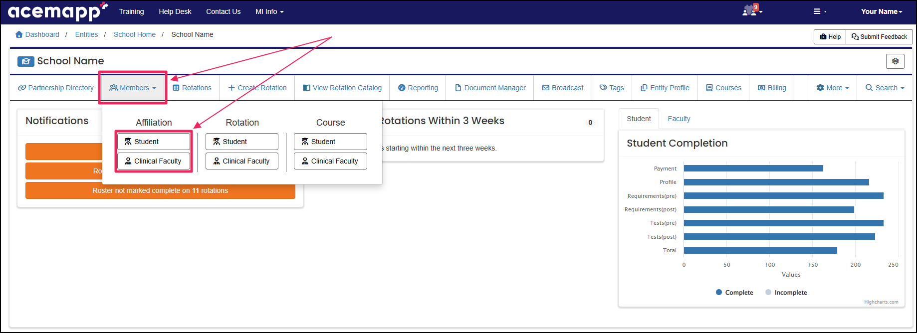 Home page highlighting member dropdown