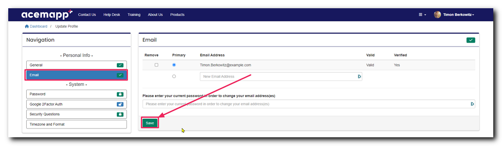 email form highlighting the save button
