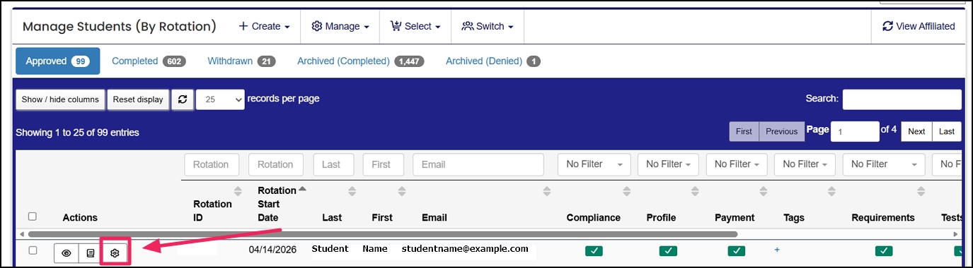 Click see students icon from rotation table