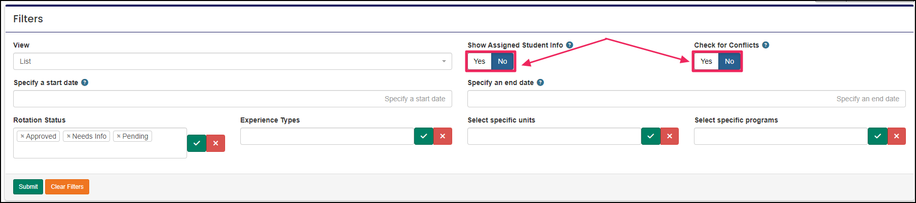 Report filters highlighting the show assigned student info toggle and the check for conflicts toggle.
