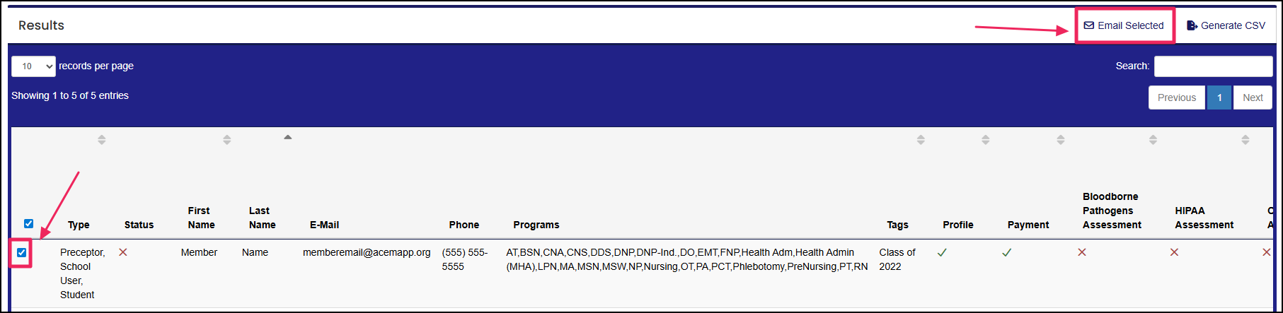 Email selected button on incomplete member report.
